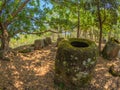 Giant Iron Age stone jars in wooded glade. Xiangkhoang Plateau, Royalty Free Stock Photo